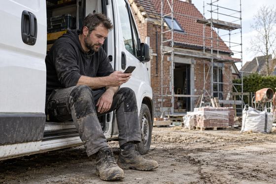 Vakman bekijkt een aanvraag op zijn gsm