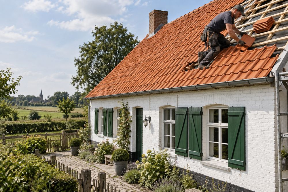 Dakwerker aan het werk op een Vlaamse woning