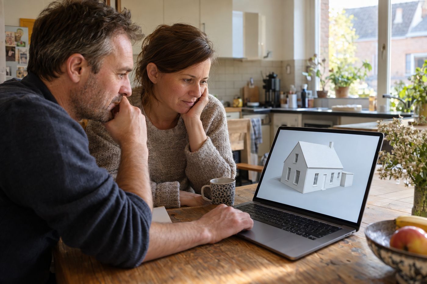 Koppel bekijkt het 3D-voorbeeld van hun woning op een laptop