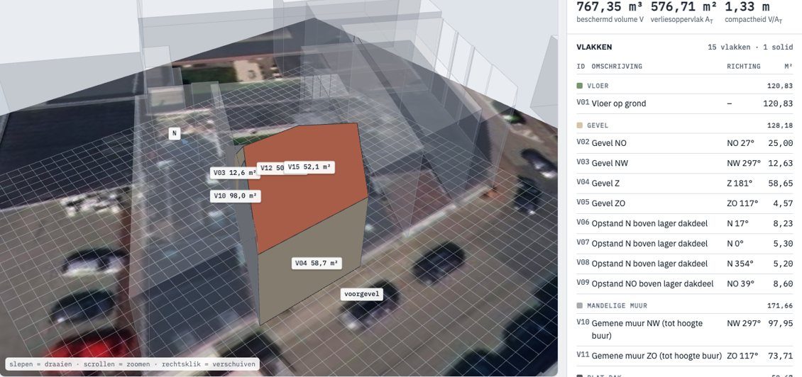Echt 3D-model met labels per dakvlak en gevel