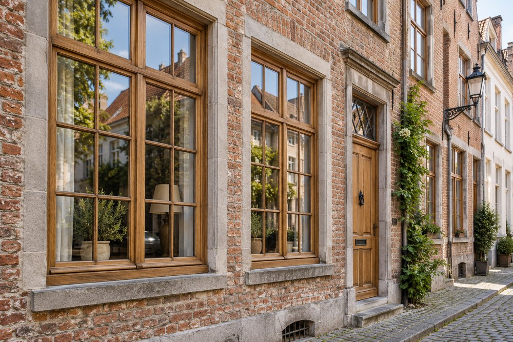 Houten eiken ramen met roedeverdeling in een klassieke Vlaamse rijwoning