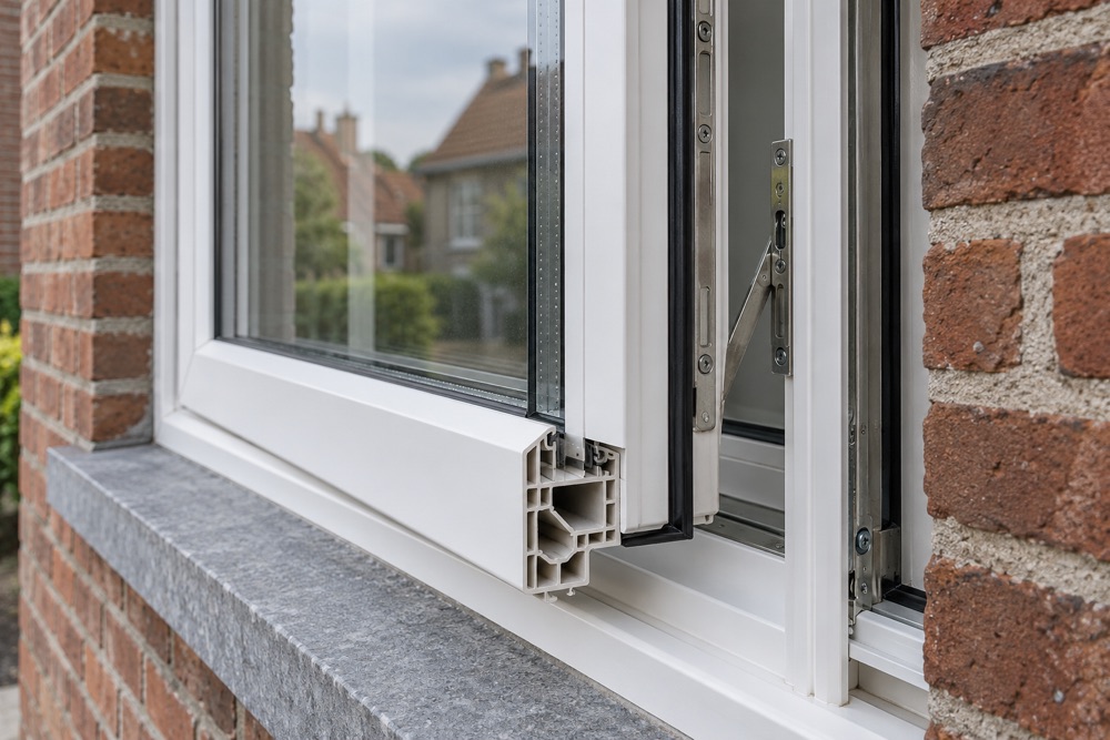 Wit pvc-raam met draai-kipbeslag in een bakstenen gevel