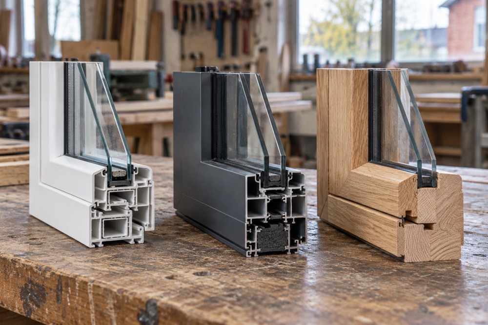 Doorsnede van een pvc-, aluminium en houten raamprofiel naast elkaar