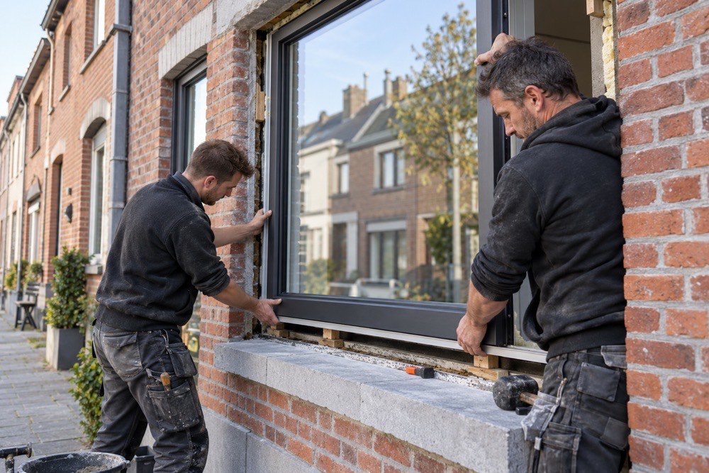 Twee vakmannen plaatsen een nieuw raam in een bakstenen gevel