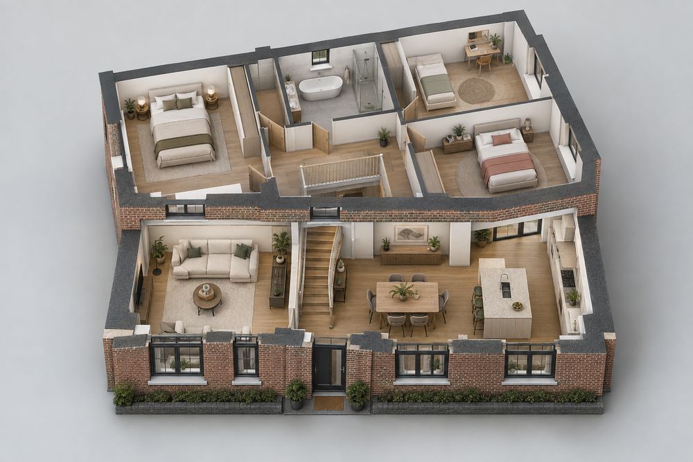 3D-voorbeeld van een woning met ingerichte kamers