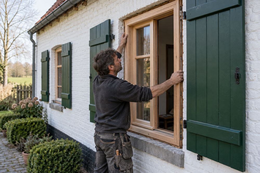 Schrijnwerker plaatst nieuwe ramen in een Vlaamse woning