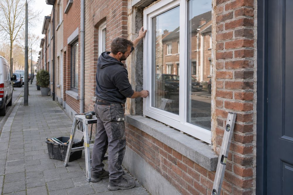 Schrijnwerker plaatst nieuwe ramen in een Vlaamse woning