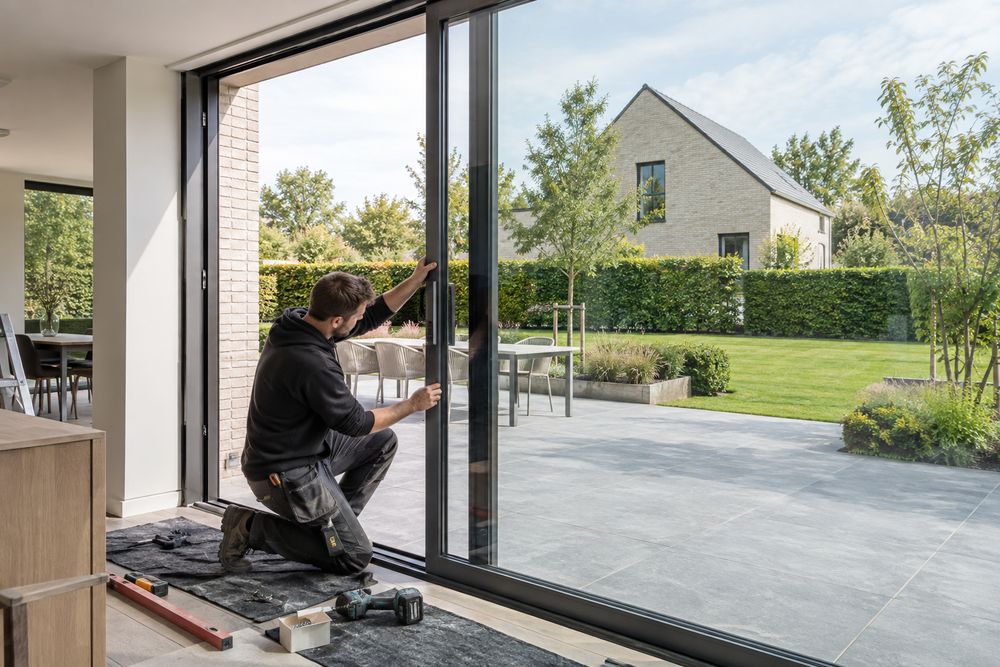 Schrijnwerker plaatst nieuwe ramen in een Vlaamse woning