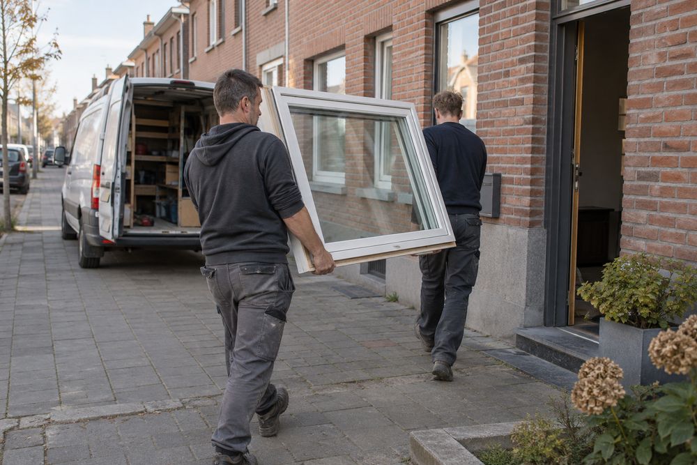 Schrijnwerker plaatst nieuwe ramen in een Vlaamse woning